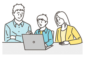 Fototapeta na wymiar Family of three - mother, father and child - smiling as they look at a laptop computer [Vector illustration].