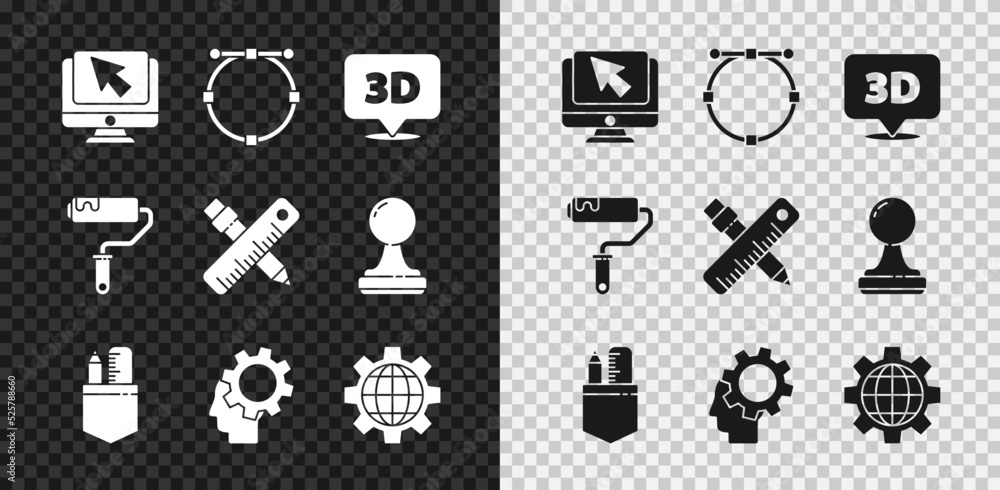 Aufkleber set computer monitor and cursor, circle with bezier curve, speech bubble text 3d, crossed ruler penc