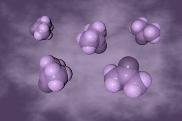 Acetone, a colorless volatile liquid with a characteristic pungent odour, used in manufacture of plastics. Space-filling molecular model on very peri background. 3d illustration