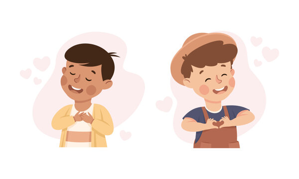 Happy kids love themselves. Boys holding hands on hest and making hand heart symbol with fingers. Self love, acceptance, self care, happiness concept cartoon vector illustration