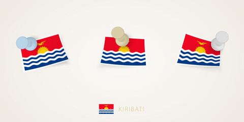Pinned flag of Kiribati in different shapes with twisted corners. Vector pushpins top view.
