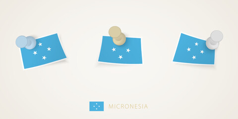 Pinned flag of Micronesia in different shapes with twisted corners. Vector pushpins top view.