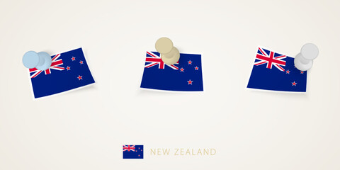 Pinned flag of New Zealand in different shapes with twisted corners. Vector pushpins top view.