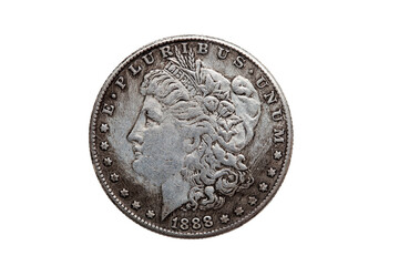 USA One Dollar Morgan Silver Coin replica dated 1880 with a portrait image of Liberty on the obverse, png stock photo file cut out and isolated on a transparent background