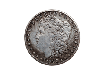 USA One Dollar Morgan Silver Coin replica dated 1880 with a portrait image of Liberty on the obverse, png stock photo file cut out and isolated on a transparent background