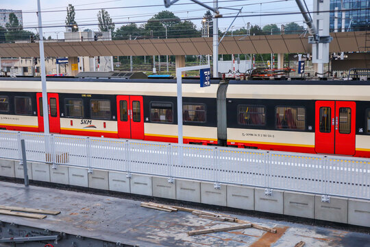 Warszaw, Poland - August, 2022: Train at Warsaw West Station. SKM. electric train runs from Warsaw to suburbs and some satellite towns.