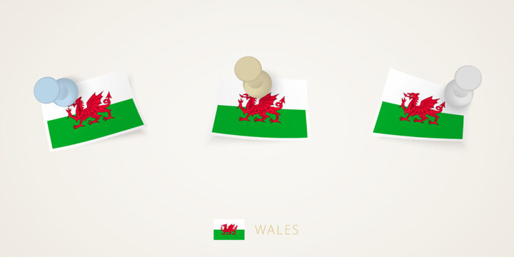 Pinned flag of Wales in different shapes with twisted corners. Vector pushpins top view.