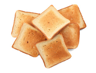 Slices of delicious toasted bread on white background, top view