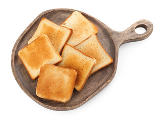 Board with slices of delicious toasted bread on white background, top view