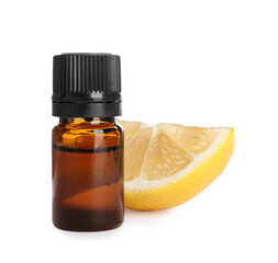 Bottle of citrus essential oil and cut fresh lemon isolated on white
