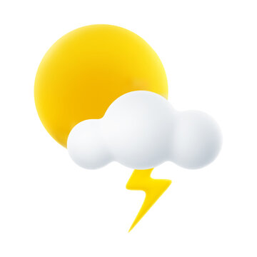 3D Cartoon Icon of Cloudy Weather with Thunderstorm. Sign of Cloud, Sun, and Lightning Isolated on White Background. Vector Illustration of 3d Render.