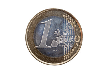 One Euro coin of Ireland (Eire) dated 2005 showing the front obverse and a map of Europe, png stock...