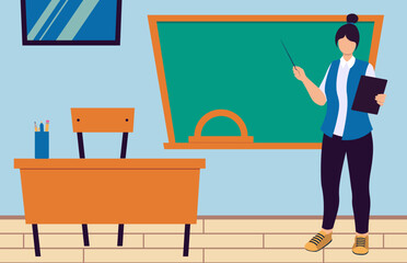 Female Teacher In Front Of Chalk Board In The Classroom Vector Illustration In Flat Style