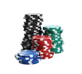 Plastic casino chips stacked on white background. Poker game