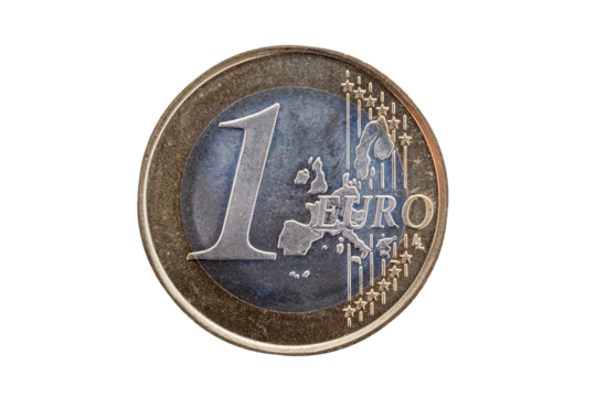 One Euro coin of Ireland (Eire) dated 2005 showing the front obverse and a map of Europe, png stock photo file cut out and isolated on a transparent background