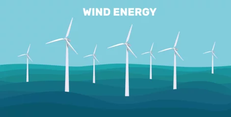 Foto op Plexiglas Koraalgroen Onshore wind farms. Green energy wind turbines on the sea, in the ocean. Wind turbines. Vector illustration. Clean energy. Save planet