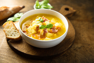 Traditional homemade potato soup with bacon