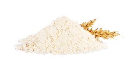 Pile of wheat flour and spikes isolated on white