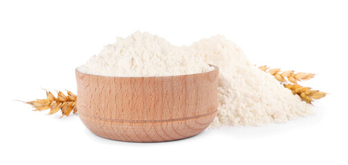 Wooden bowl with wheat flour on white background