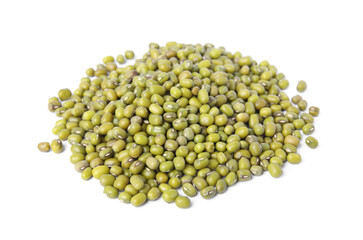 Pile of green mung beans isolated on white. Organic grains