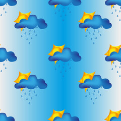 Beautiful blue clouds with the sun, sun rays and rain on blue sky. Seamless background with painted clouds and sun. Wallpaper for the children's room. Vector illustration with clouds.