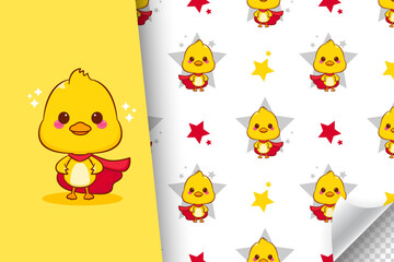 Cute hero duck cartoon character seamless pattern illustration