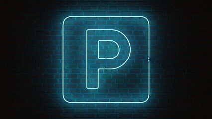 Neon parking sign with blue light over a brick wall