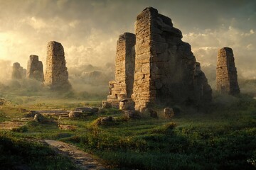 Remains of an ancient civilization. mystical landscape illustration. Generative AI
