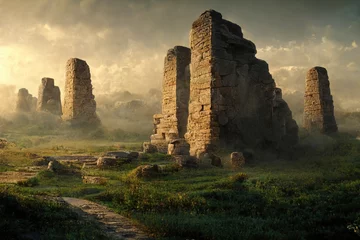 Fototapeten Remains of an ancient civilization. mystical landscape illustration. Generative AI © Nika