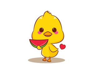 Cute little duck holding watermelon in summer cartoon character isolated white background. Vector art illustration