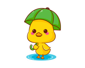 Cute mascot duck with umbrella in the rain cartoon character isolated