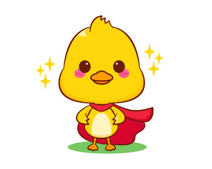 Cute little duck superhero in red costume cartoon character isolated white background. Vector art illustration