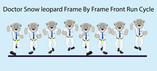 Young Doctor white leopard Frame by Frame Front Run Cycle Vector Illustration. Design for Motion graphics, 2D Animation, Infographics, Pose Animation, Animated Poster