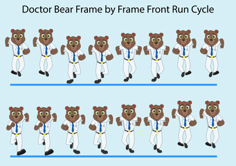 Cute Cartoon doctor bear front run cycle frame by frame with blue background. Designed for 2D Animation, Motion Graphics, Infographics, Animated posters