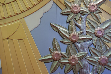 Art Deco stucco grand atrium, lobby or foyer with dramatic staircase or stairs on luxury cruiseship...