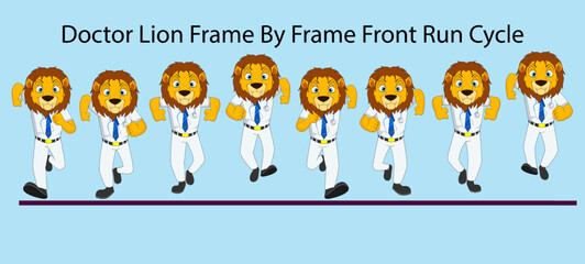 Doctor lion Frame by Frame Front Run Cycle Vector Illustration. Design for Motion graphics, 2D Animation, Infographic, Pose Animation, Animated Motion Poster