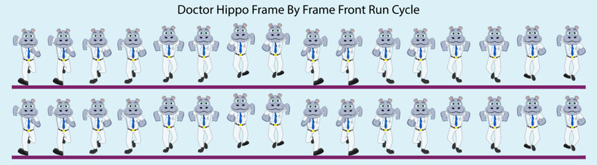 Doctor Hippo Frame by Frame Front Run Cycle Vector Illustration. Design for Motion graphics, 2D Animation, Infographics, with light blue background