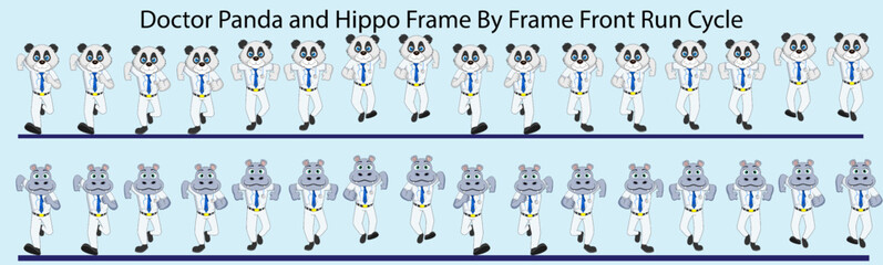 Doctor Panda and Hippo Frame by Frame Front Run Cycle Combo Vector Illustration. Design for Motion graphics, 2D Animation, Infographic, Pose Animation, Motion Poster