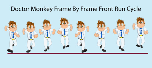 Funny Doctor Monkey Frame by Frame Front Run Cycle Vector Illustration. Design for Motion graphics, 2D Animation, Infographic, Pose Animation, Motion Poster