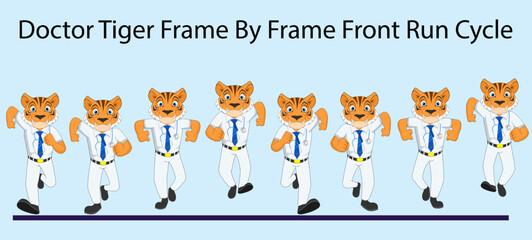 Handsome Doctor Tiger Frame by Frame Front Run Cycle Vector Illustration. Design for Motion graphics, 2D Animation, Infographics, Animation Motion posters