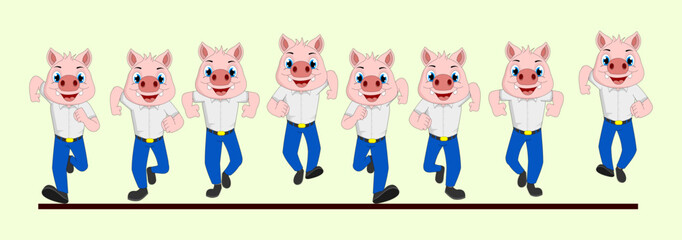 Cute Pink Pig Frame by Frame Front Run in School Uniform Cycle Vector Illustration. Design for Motion graphics, 2D Animation, Infographics