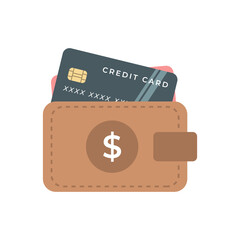 Wallet icon with card and dollar symbol. Digital wallet vector icon. Flat style wallet with dollar and credit card. digital wallet symbol illustration. Brown Wallet flat illustration with dollar