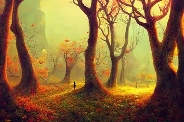 Zelfklevend Fotobehang Surrealistische mistige herfstlandschapsillustratie © Nika