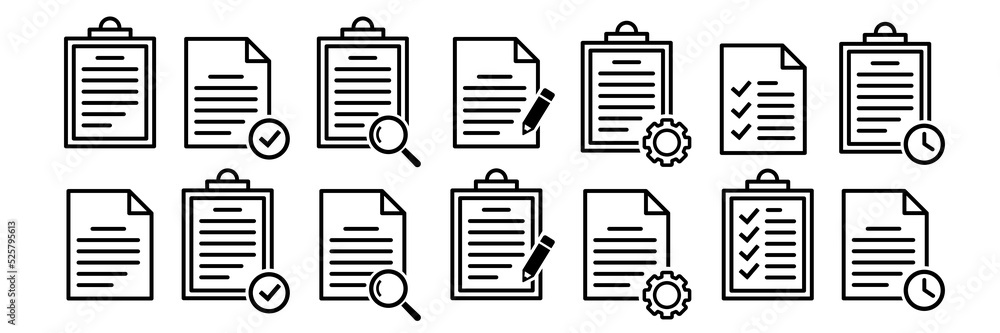 Poster clip board icons set with file document. checklist on the clipboard. paper test document with check 