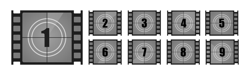 Retro movie countdown cinema set. Vintage countdown frame. Film strip movie timer. Old film strips with numbers. Vector illustration.