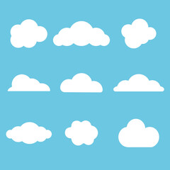 Set illustration of clouds of various shapes and sizes on a blue background.