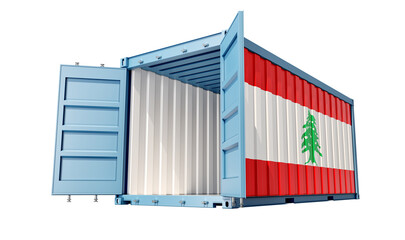 Cargo Container with open doors and Lebanon national flag design. 3D Rendering