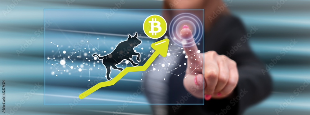 Poster Woman touching a bitcoin bullish trend concept