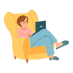 Girl with laptop in yellow armchair in cartoon flat style. Vector illustration of woman working at home, freelancer in comfortable home clothes, female character surfing the internet