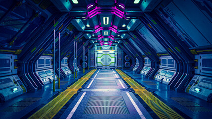 3d illustration. Sci-Fi grunge damaged metallic corridor background